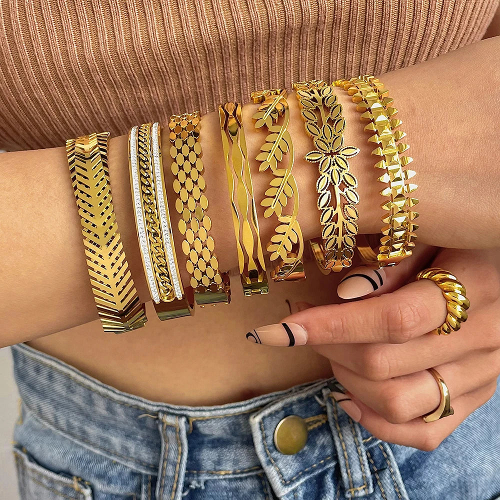 Greatera Inlaid Rhinestone Stainless Steel Zipper Bracelets Bangles for Women Fashion Gold Plated Charm Bracelet Party Jewelry