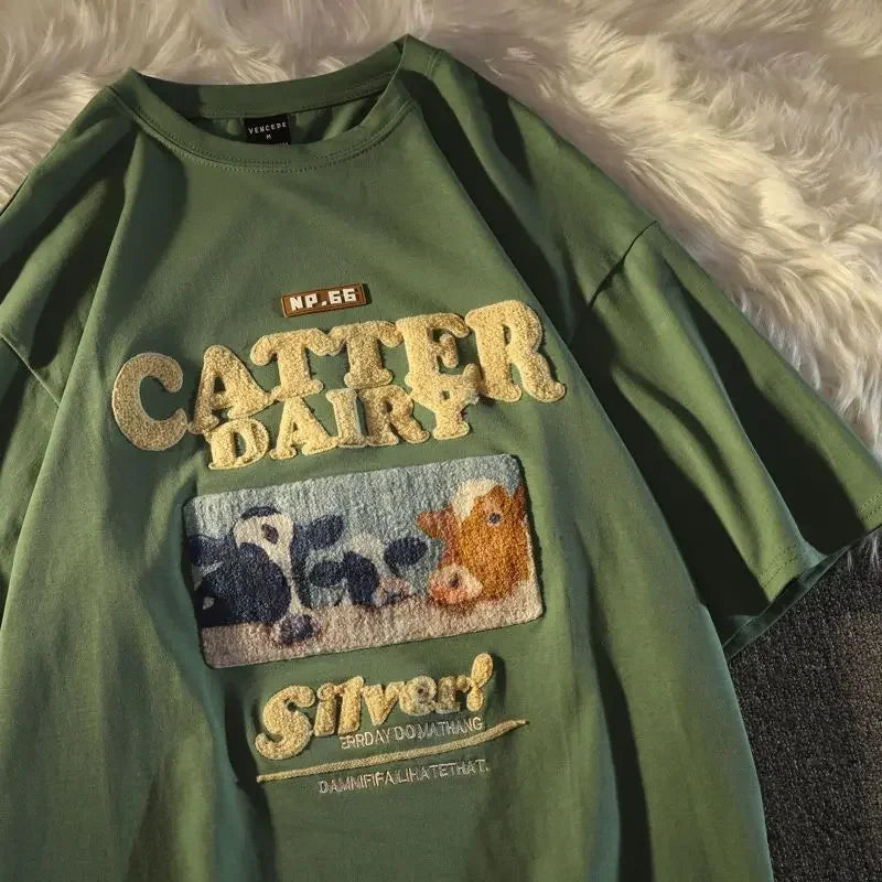 Cotton Oversize Flocking Tees American Ancient Calf Short Sleeve Shirt Men Women Summer Vintage Letter Streetwear Top