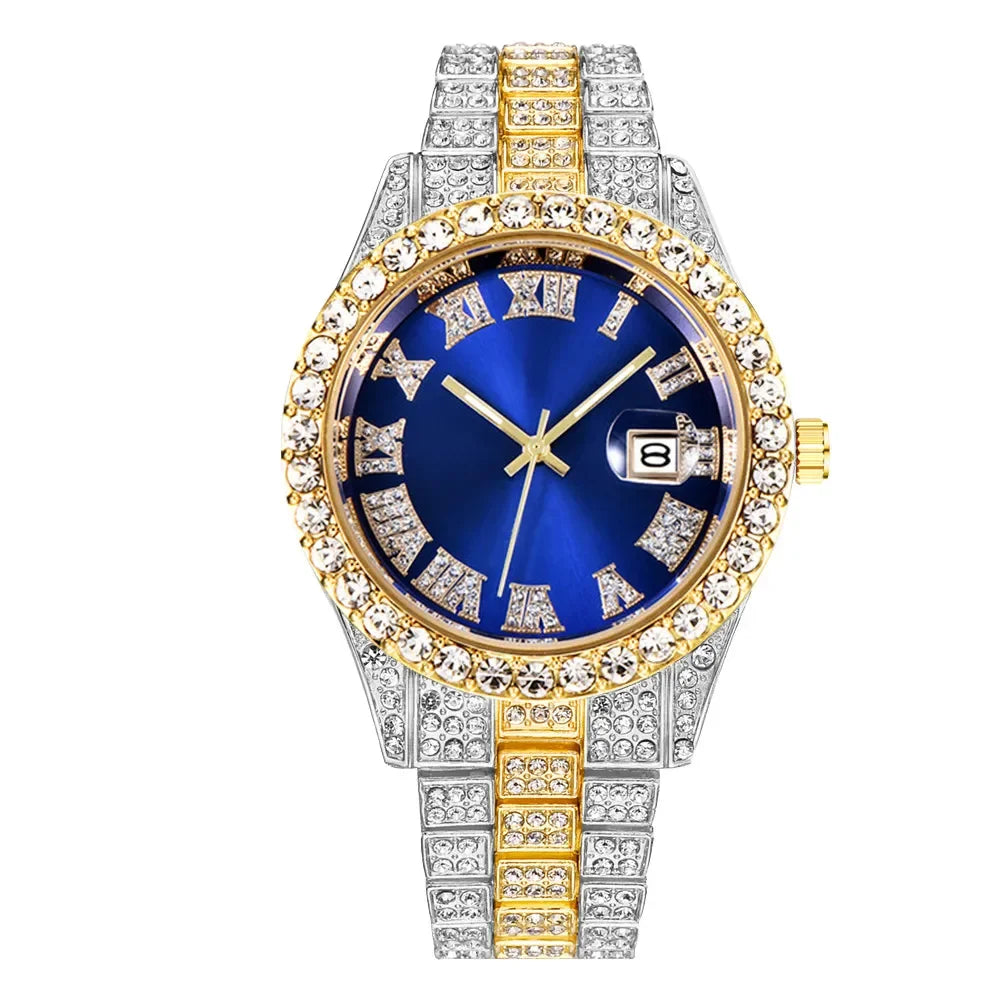 Luxury Full Diamond Men Calendar Quartz Watch Fashion Stainless Steel Band Male Quartz Wristwatches Date Clock Reloj Hombre