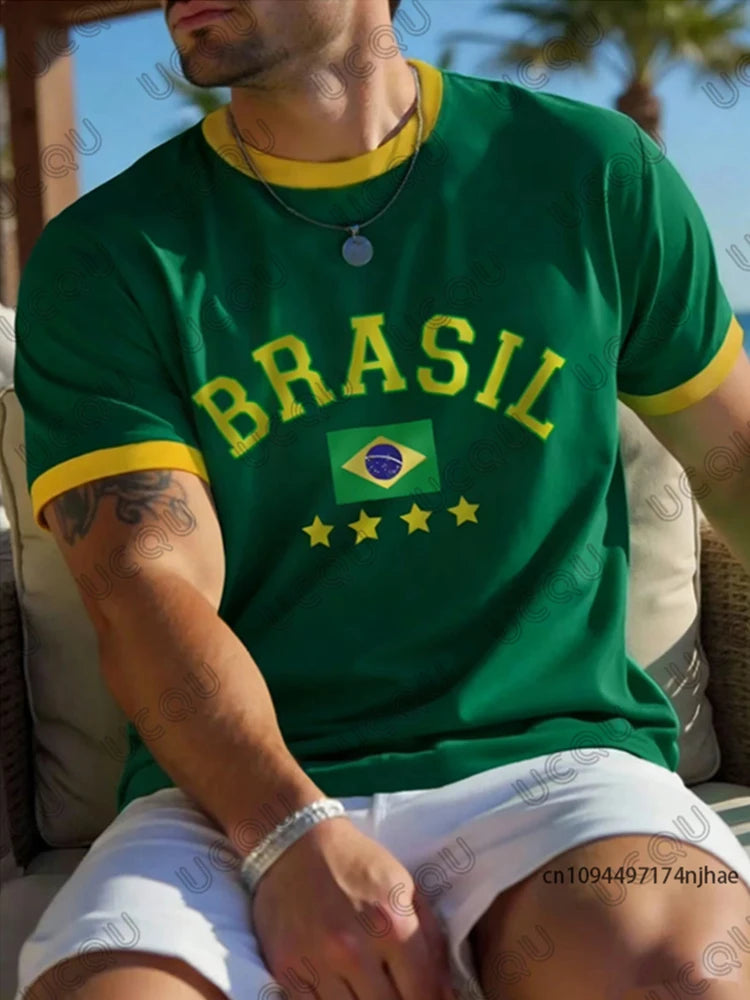 Summer New Brazilian Flag 3D Printed Large-sized Men's T-shirt Is Loose and Comfortable, Suitable for Outdoor Wear