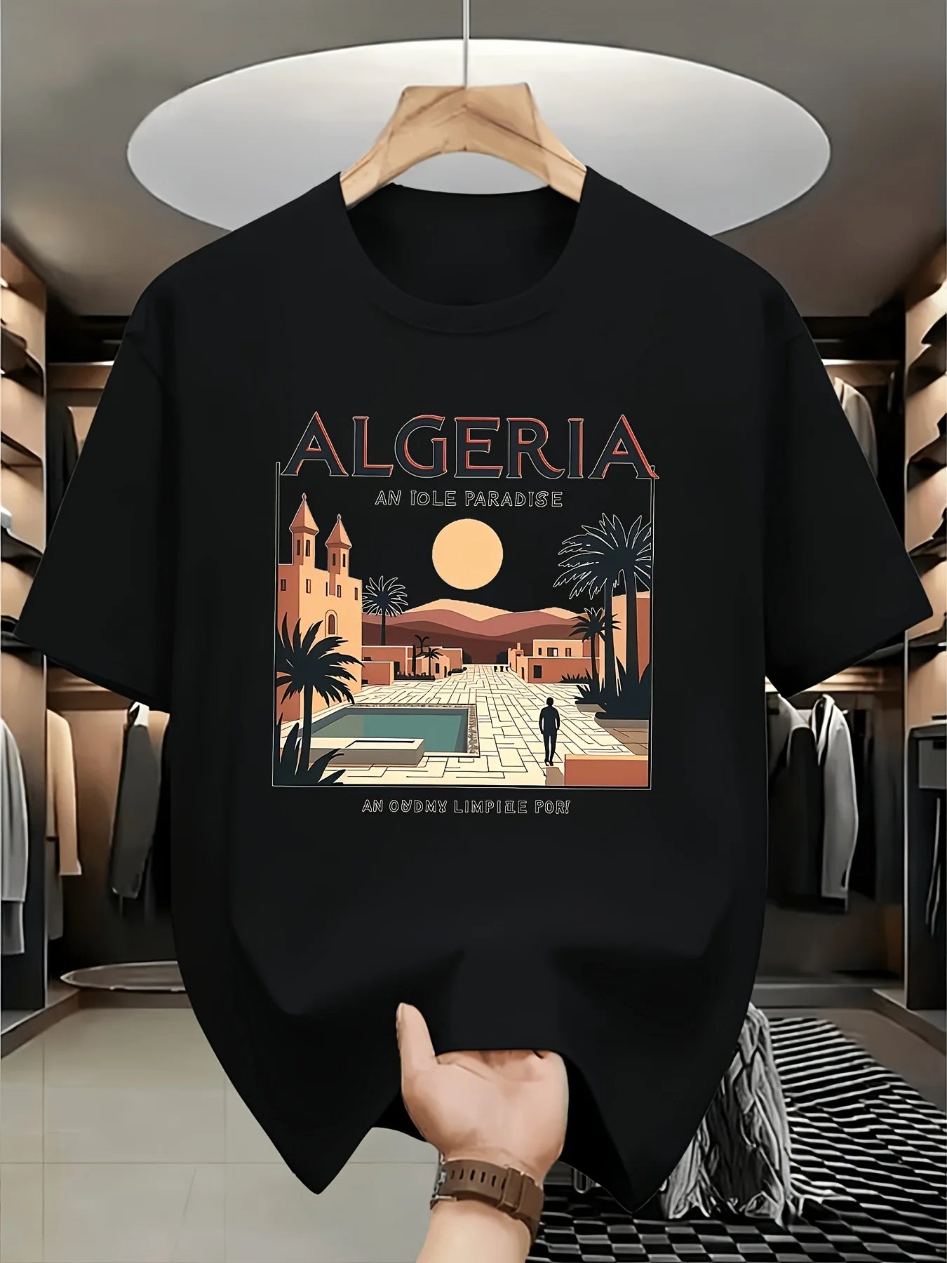 Maghreb-style Men's Summer Fashion T-shirt with The "Algeria" Logo on A Round Neck Breathable Moisture-wicking Loose-fitting Top