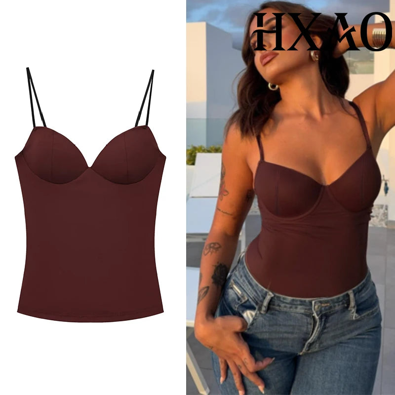 HXAO Sleeveless Slip Top Women Corset Crop Tops Woman Party Bustier Gray Brown Black Top Female Backless Sexy Camisole Bra Top