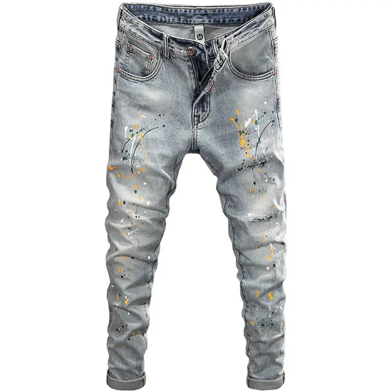 Men's Casual Spring Autumn Pencil Pants Patchwork Washed Hiphop Distressed Slim Designer Luxury Clothing Ink Jet Boyfriend Jeans