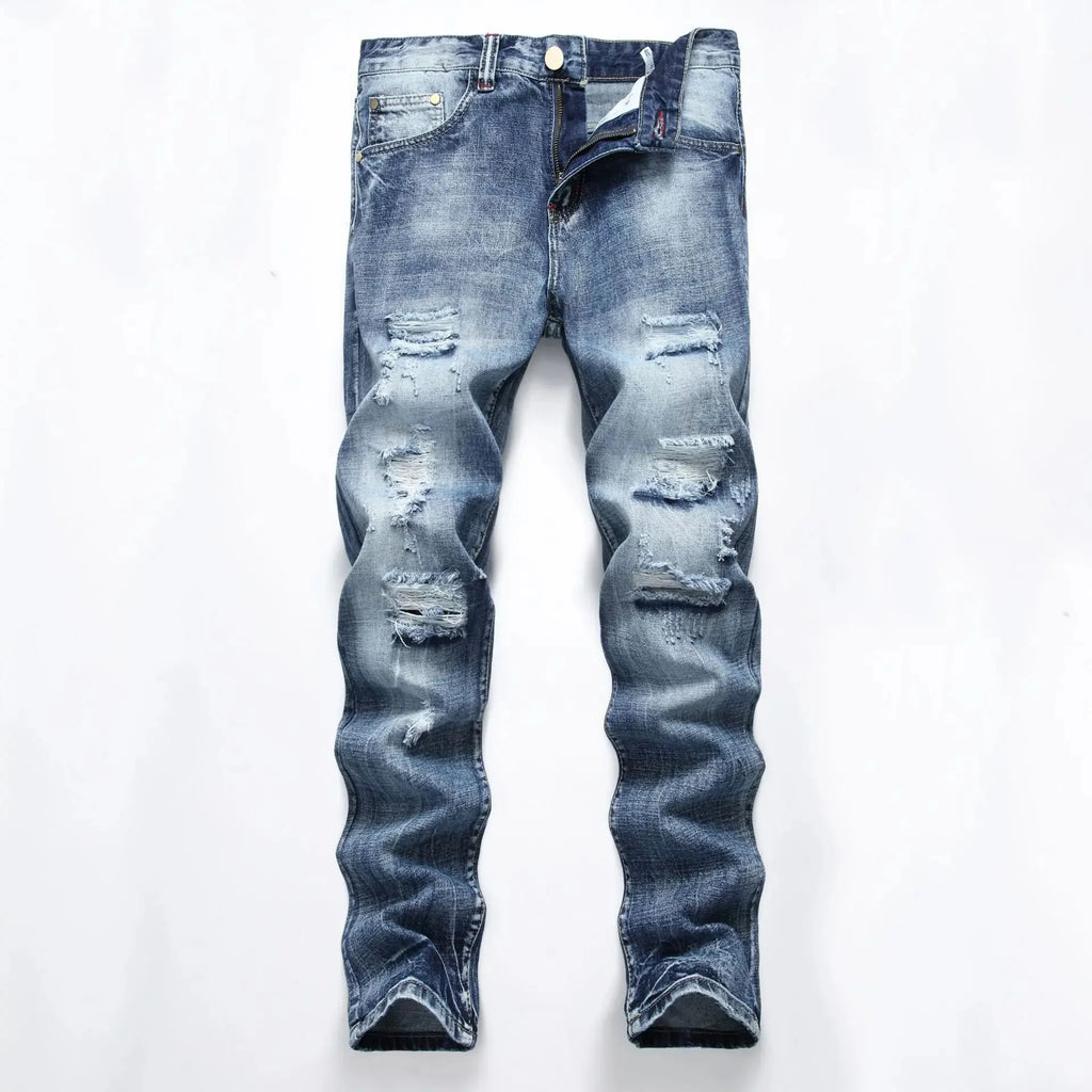 Cross-Border Men's Wear Ripped Straight-Leg Slim Fit Smooths Your Silhouette No Stretch Jeans Light-Colored Denim Trousers Amazo