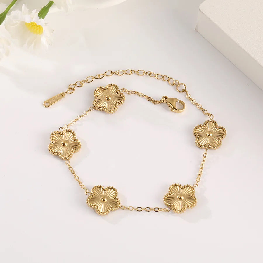 Classic Lucky Five-leaf Flower Clover Golden Stainless Steel Bracelet Fashion Waterproof Women‘s Jewelry Gift