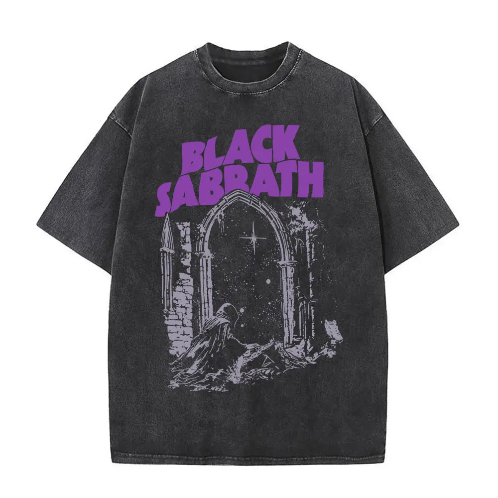 Short Sleeved Round Neck Y2k Tshirt Men Clothing New in Top & Tees Mens T-Shirt Heavy Metal Rock Band Black Sabbath Tour Washed