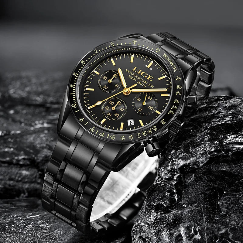 LIGE Luxury Men Watches Luminous Calendar Quartz Watch Mens Waterproof Stainless Steel Man Wristwatch Sport Business Male Clock