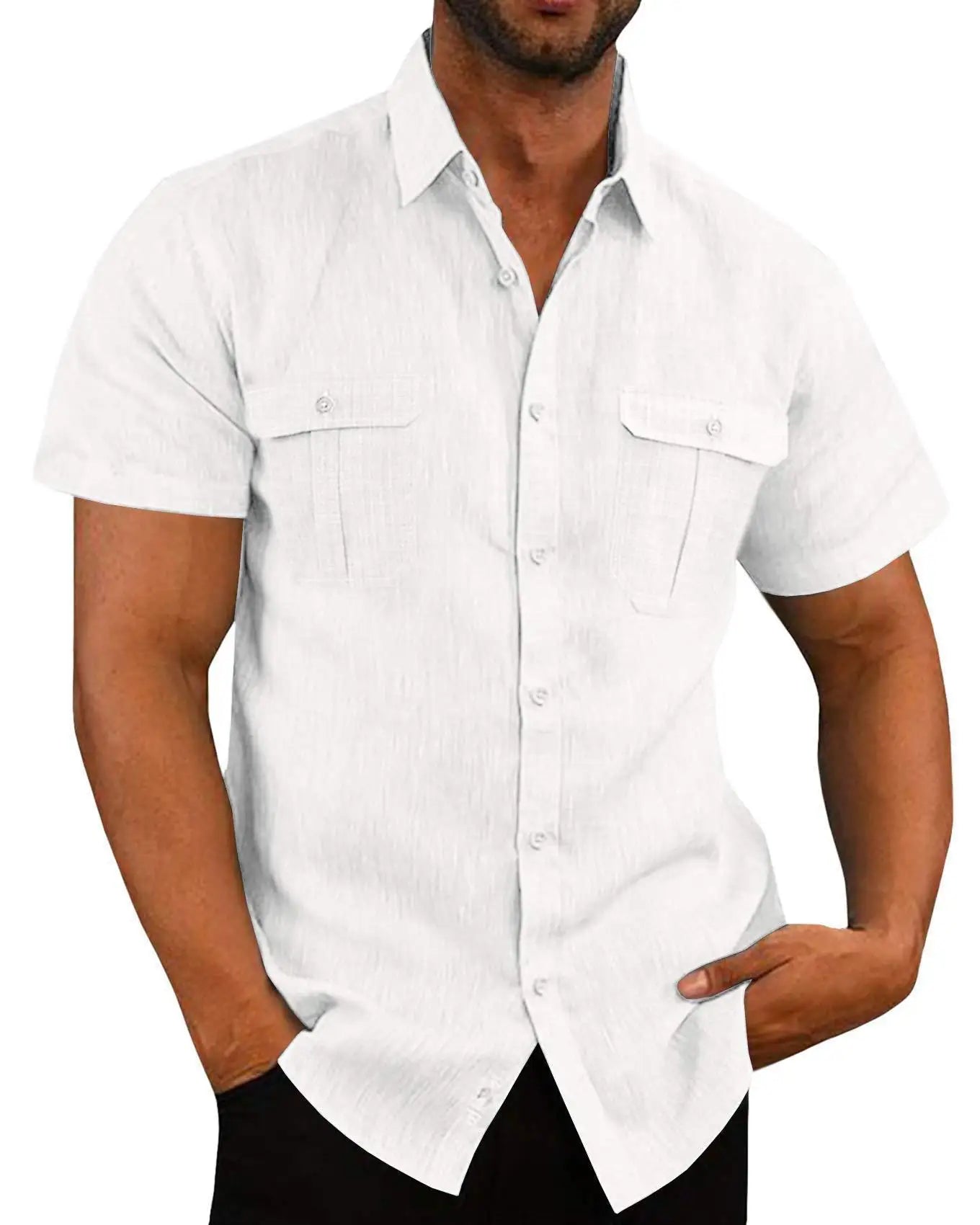 Cotton Linen Shirt Men Pocket Casual Beach Short Sleeve Solid Color Male Tops T-shirts Vintage Streetwear Comfort Casual Shirts