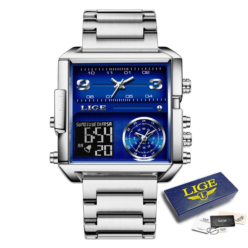 LIGE New Top Brand Luxury Fashion Men Watches Gold Steel Sports Square Digital Analog Big Quartz Watch for Man relogio masculino
