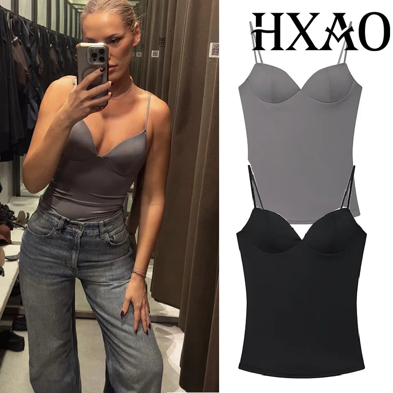 HXAO Sleeveless Slip Top Women Corset Crop Tops Woman Party Bustier Gray Brown Black Top Female Backless Sexy Camisole Bra Top