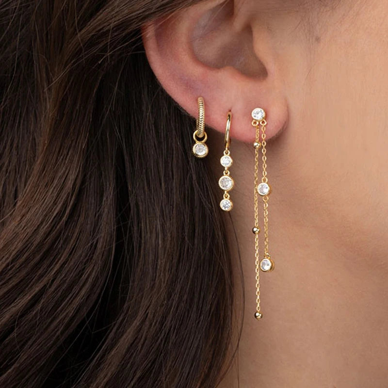 925 Sterling Silver Needle Shiny Round Zircon Pendant Hoop Earrings Exquisite Long Chain Stud Earrings Women's Fashion Jewelry