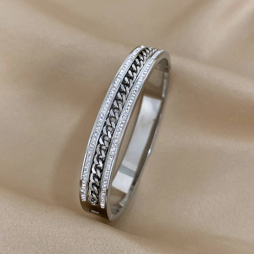 Greatera Inlaid Rhinestone Stainless Steel Zipper Bracelets Bangles for Women Fashion Gold Plated Charm Bracelet Party Jewelry