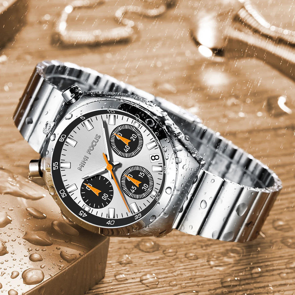 MINI FOCUS Silver Green Quartz Watch for Women Fashion Stainless Steel Band Chronograph Wristwatch with Luminous Hands Date 0491