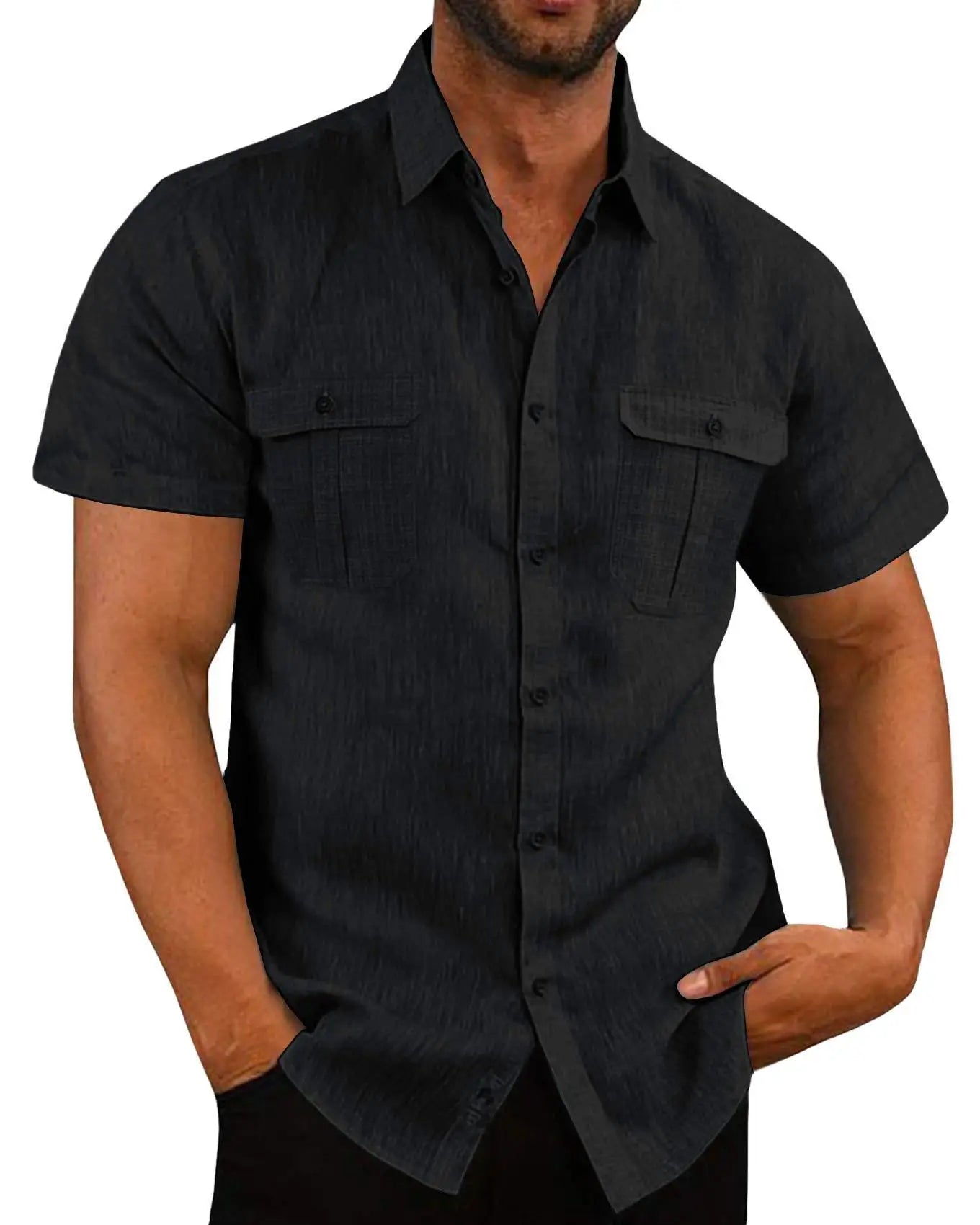 Cotton Linen Shirt Men Pocket Casual Beach Short Sleeve Solid Color Male Tops T-shirts Vintage Streetwear Comfort Casual Shirts