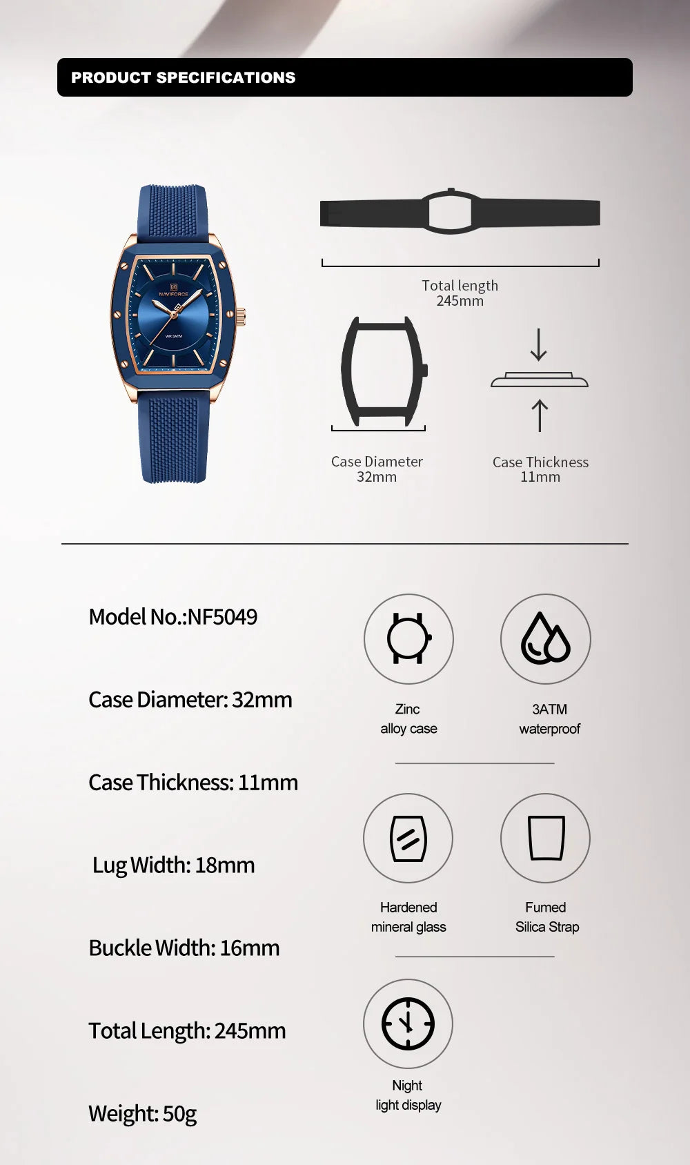 NAVIFORCE Top Brand Women Tonneau Watches Fashion Ladies Quartz Watch Silicone Strap Gift Female Wristwatch Relojes Para Mujer