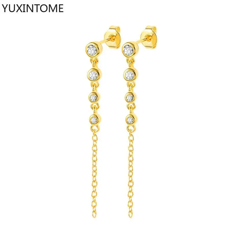 925 Sterling Silver Needle Shiny Round Zircon Pendant Hoop Earrings Exquisite Long Chain Stud Earrings Women's Fashion Jewelry