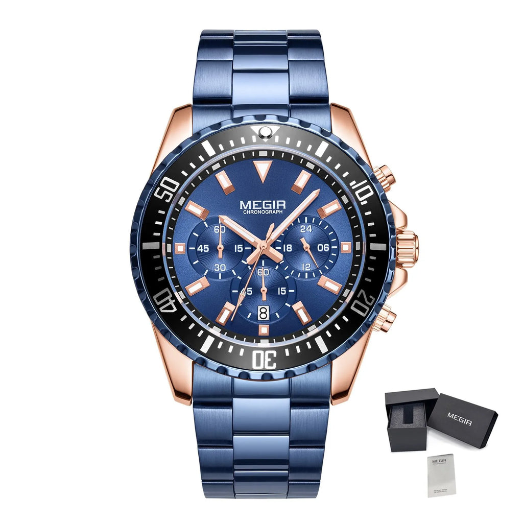 MEGIR Original Luxury Men Business Quartz Watches Stainless Steel Chronograph Military Wristwatch Clock Relogio Masculino 2064