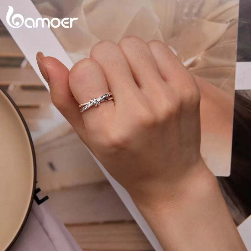 BAMOER 925 Sterling Silver Double Layer Knot Finger Ring Stackable Rings for Women Original Design Fine Jewelry SCR896 2 Colors