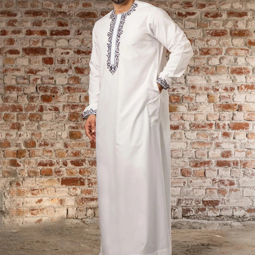 2025 New Men's Luxury White Muslim Moroccan Style Abaya Classic Embroidered Long Sleeve Formal Wear Islamic Arabic Thobe