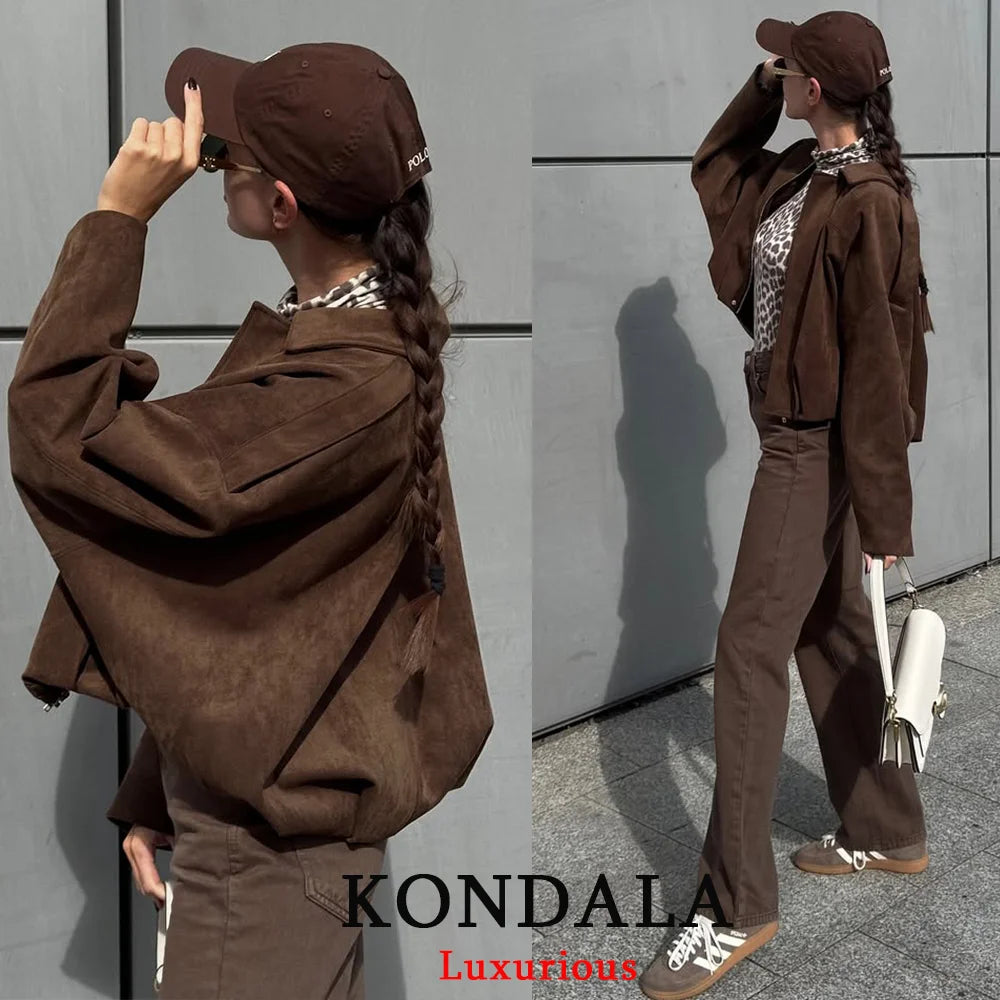 KONDALA Casual Soft Martini Green Bomber Jackets Women Long Lantern Sleeve Oversized Autumn Winter Coats Fashion 2025 Outwears