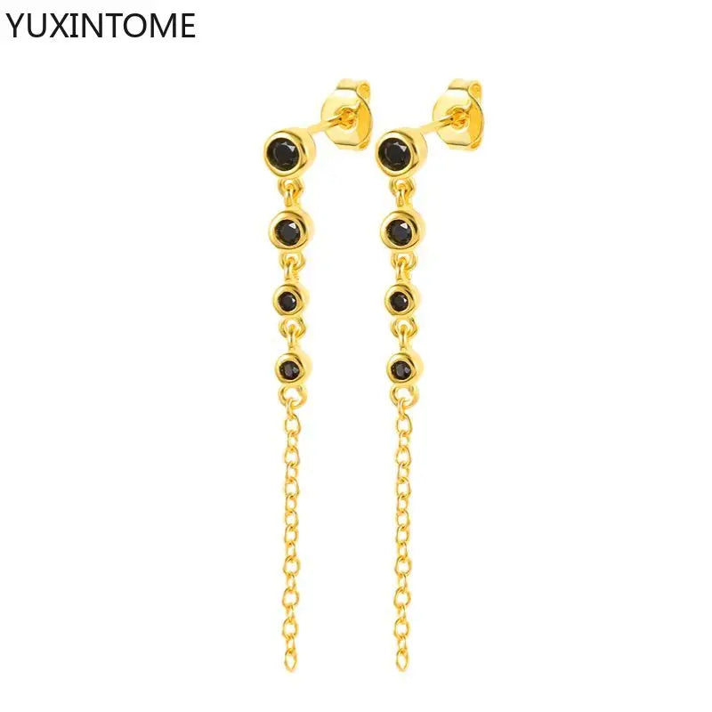 925 Sterling Silver Needle Shiny Round Zircon Pendant Hoop Earrings Exquisite Long Chain Stud Earrings Women's Fashion Jewelry
