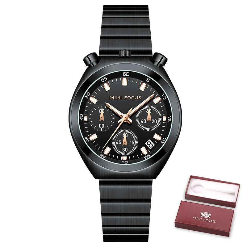 MINI FOCUS Silver Green Quartz Watch for Women Fashion Stainless Steel Band Chronograph Wristwatch with Luminous Hands Date 0491