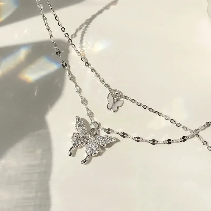925 Sterling Silver Shiny CZ Butterfly Necklace Ladies Exquisite Double Layer Clavicle Chain Necklace Jewelry For Ladies Gift