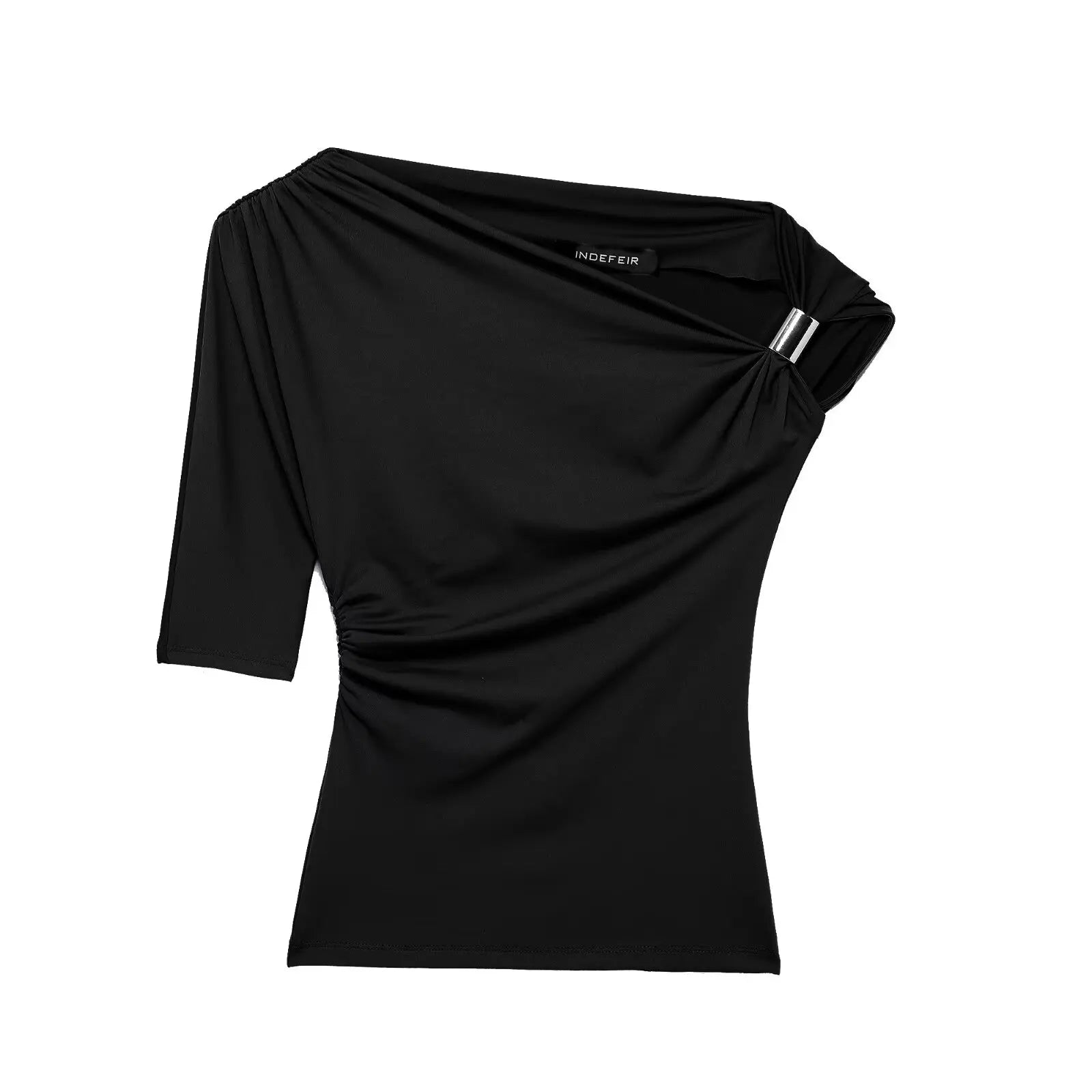 HH Vintage Women's Asymmetric Bustier Tops 2025 Female Sexy Skew Collar Off-shoulder Pleated Metal Decorate Shirt Streetwear