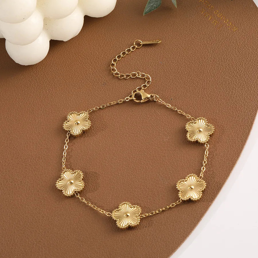 Classic Lucky Five-leaf Flower Clover Golden Stainless Steel Bracelet Fashion Waterproof Women‘s Jewelry Gift