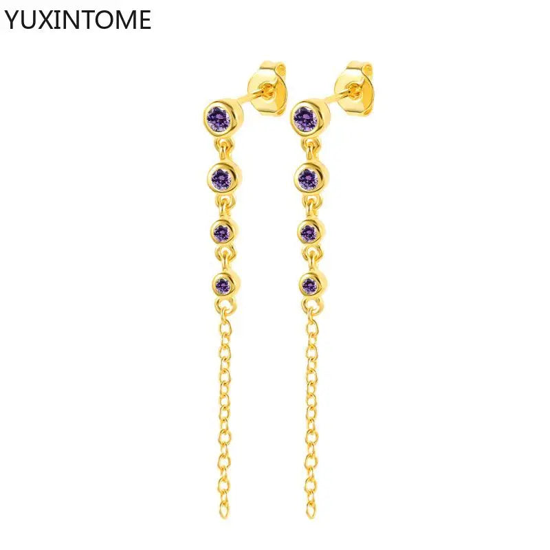 925 Sterling Silver Needle Shiny Round Zircon Pendant Hoop Earrings Exquisite Long Chain Stud Earrings Women's Fashion Jewelry