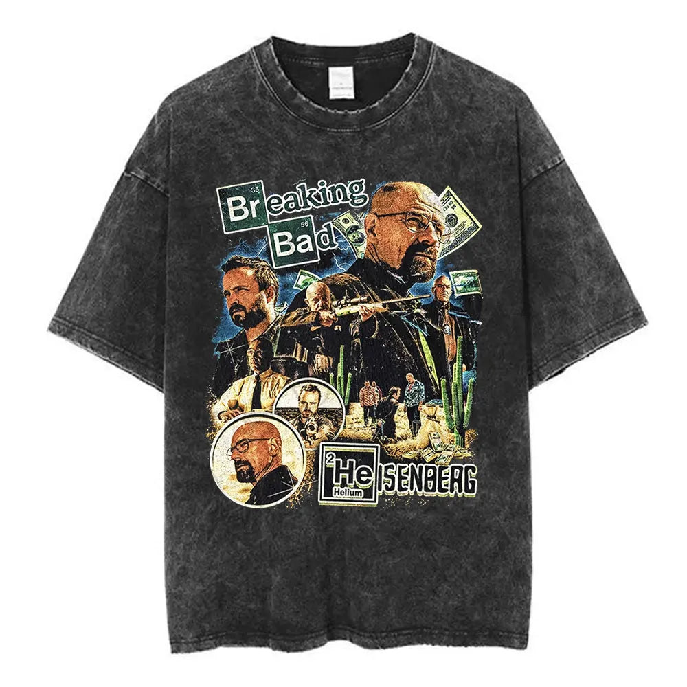 Heisenberg Breaking Bad Vintage Washed T Shirt Better Call Saul Graphic Print T-shirts Men's Pure Cotton Short Sleeves Tee Shirt