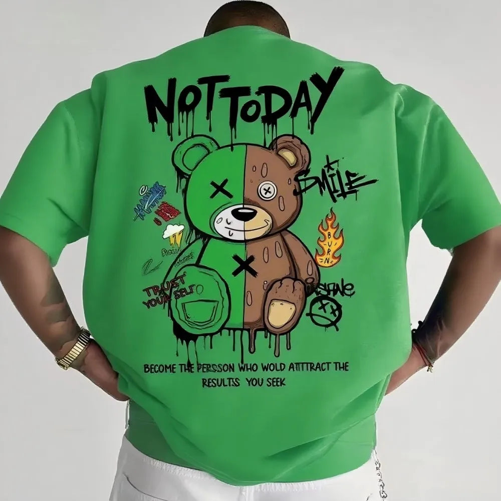 American men's summer spliced teddy bear letter cherry blossom comfortable and breathable round neck T-shirt outdoor street top