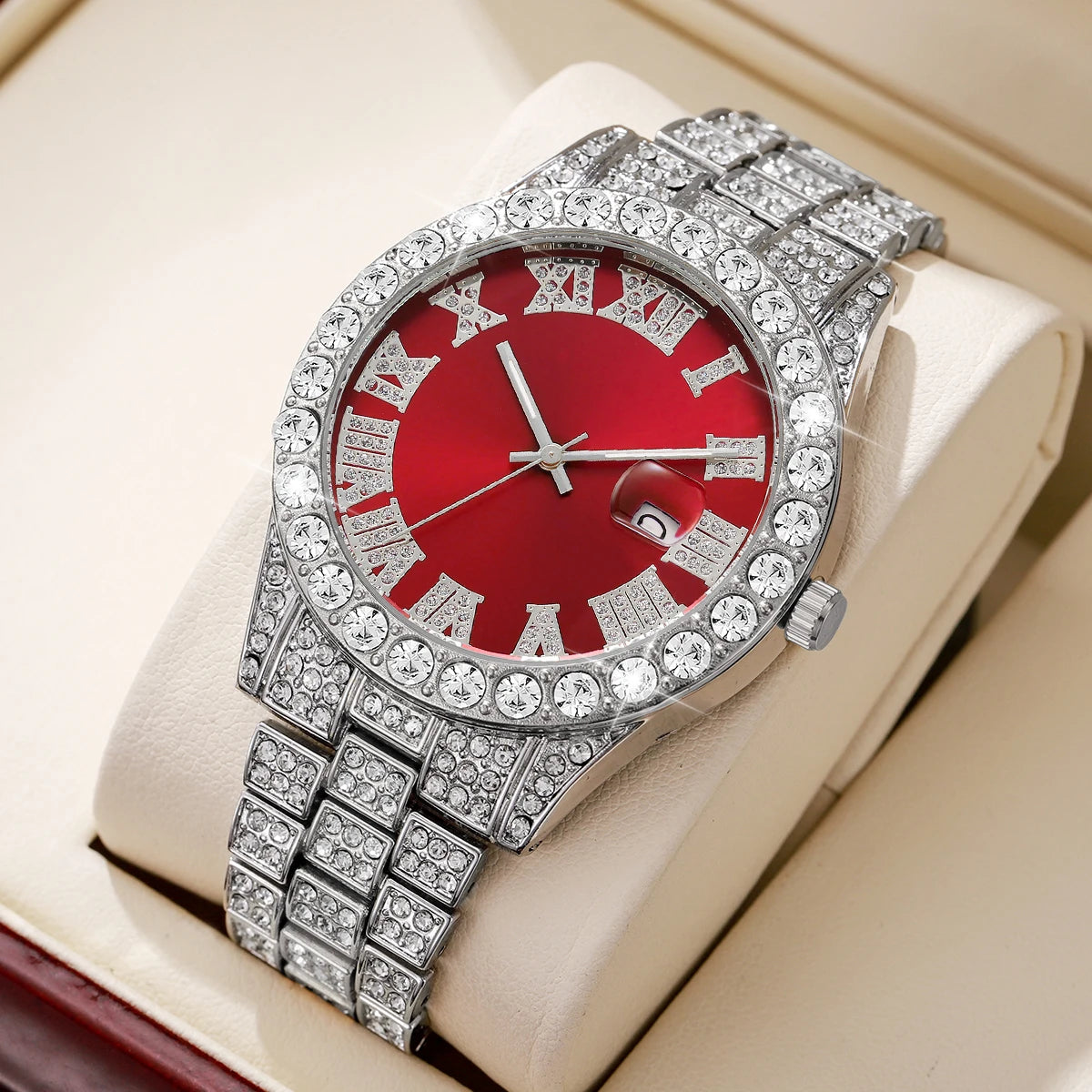 Luxury Full Diamond Men Calendar Quartz Watch Fashion Stainless Steel Band Male Quartz Wristwatches Date Clock Reloj Hombre