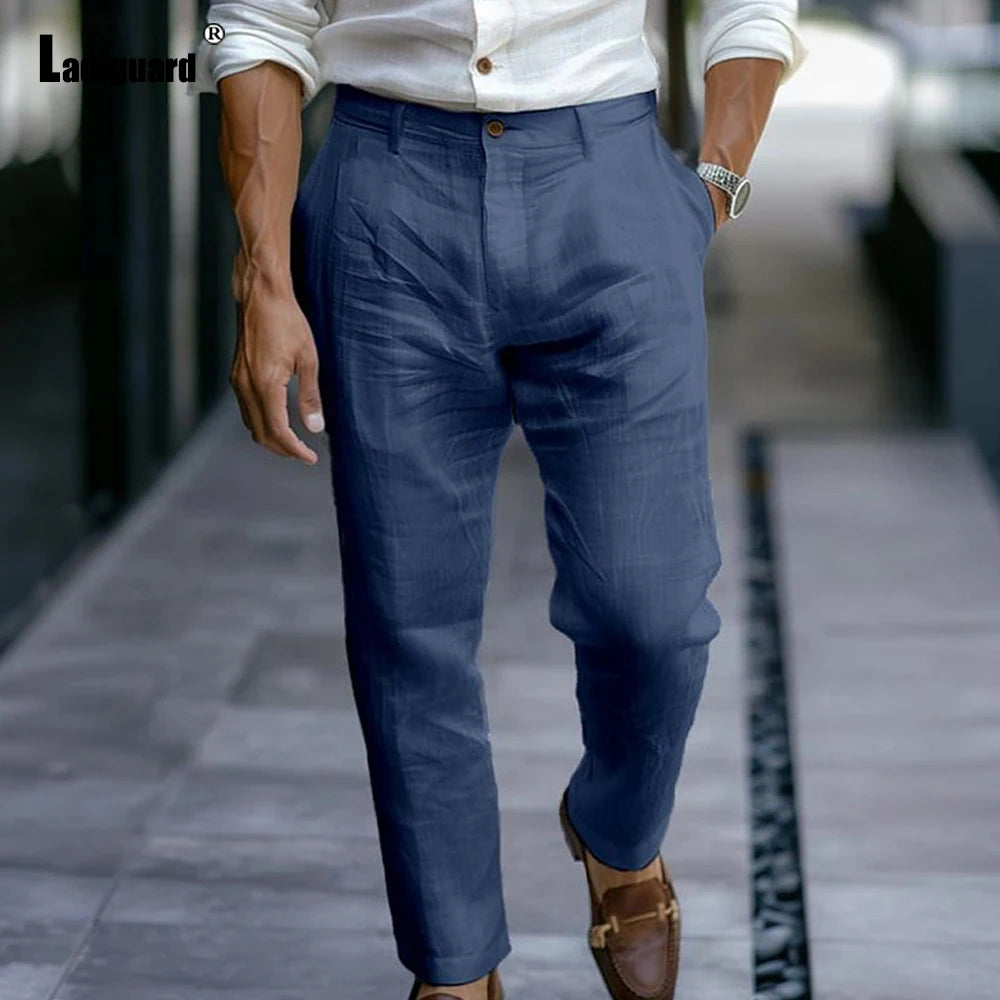 2025 Men's Stand Pocket LInen Beach Pants Solid White Trouser Plus Size Mens Casual Straight Pants Male Ankle-Length Bottoms New