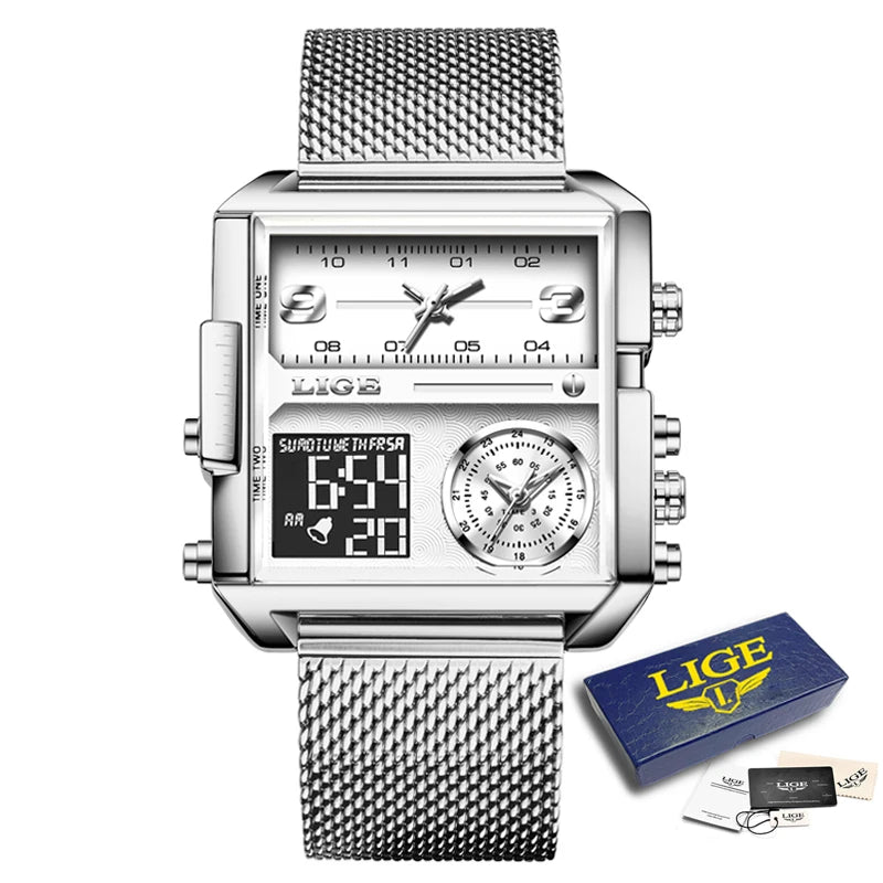 LIGE New Top Brand Luxury Fashion Men Watches Gold Steel Sports Square Digital Analog Big Quartz Watch for Man relogio masculino