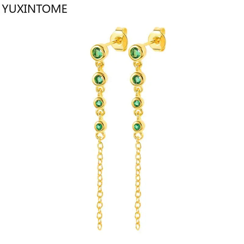 925 Sterling Silver Needle Shiny Round Zircon Pendant Hoop Earrings Exquisite Long Chain Stud Earrings Women's Fashion Jewelry