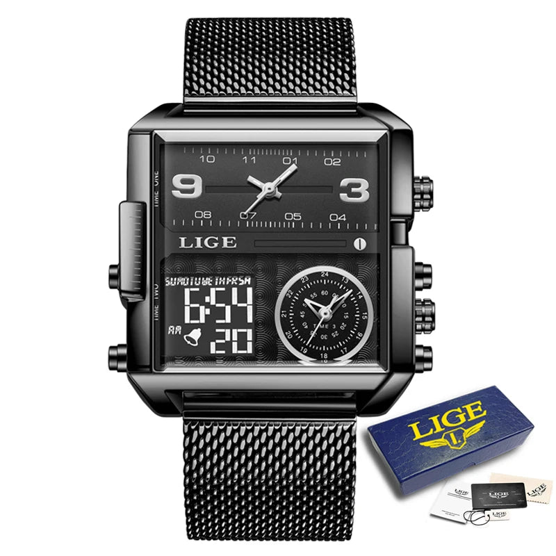 LIGE New Top Brand Luxury Fashion Men Watches Gold Steel Sports Square Digital Analog Big Quartz Watch for Man relogio masculino
