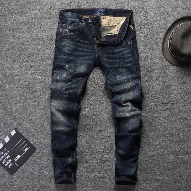 Newly Fashion Designer Men Jeans Retro Green Blue Slim Fit Ripped Jeans Men Trousers Vintage Casual Cotton Denim Pants Hombre