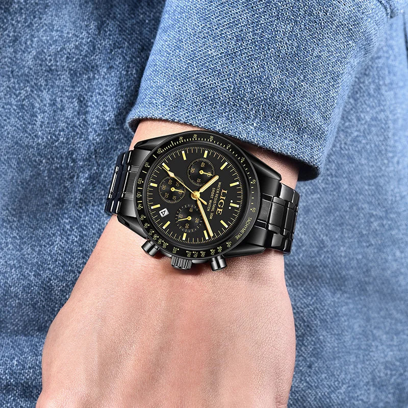 LIGE Luxury Men Watches Luminous Calendar Quartz Watch Mens Waterproof Stainless Steel Man Wristwatch Sport Business Male Clock