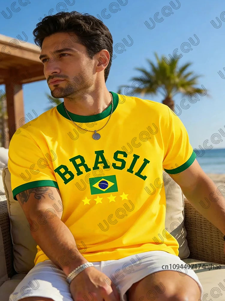 Summer New Brazilian Flag 3D Printed Large-sized Men's T-shirt Is Loose and Comfortable, Suitable for Outdoor Wear