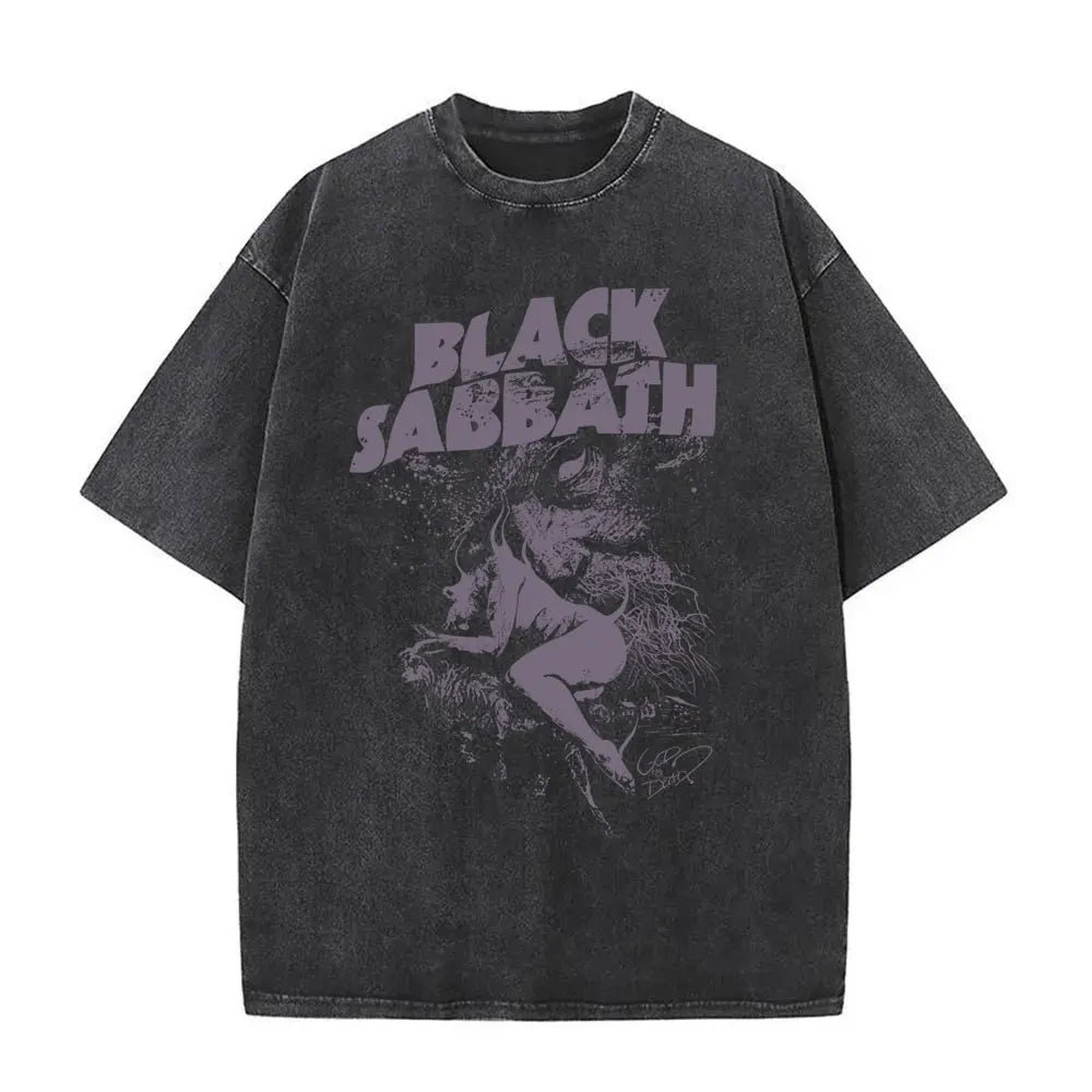 Short Sleeved Round Neck Y2k Tshirt Men Clothing New in Top & Tees Mens T-Shirt Heavy Metal Rock Band Black Sabbath Tour Washed