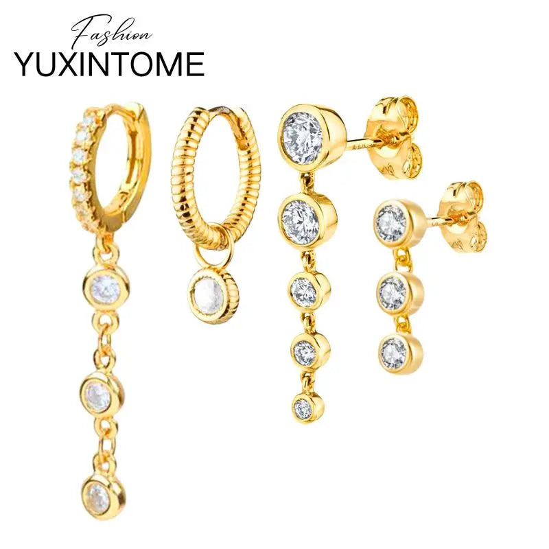 925 Sterling Silver Needle Shiny Round Zircon Pendant Hoop Earrings Exquisite Long Chain Stud Earrings Women's Fashion Jewelry