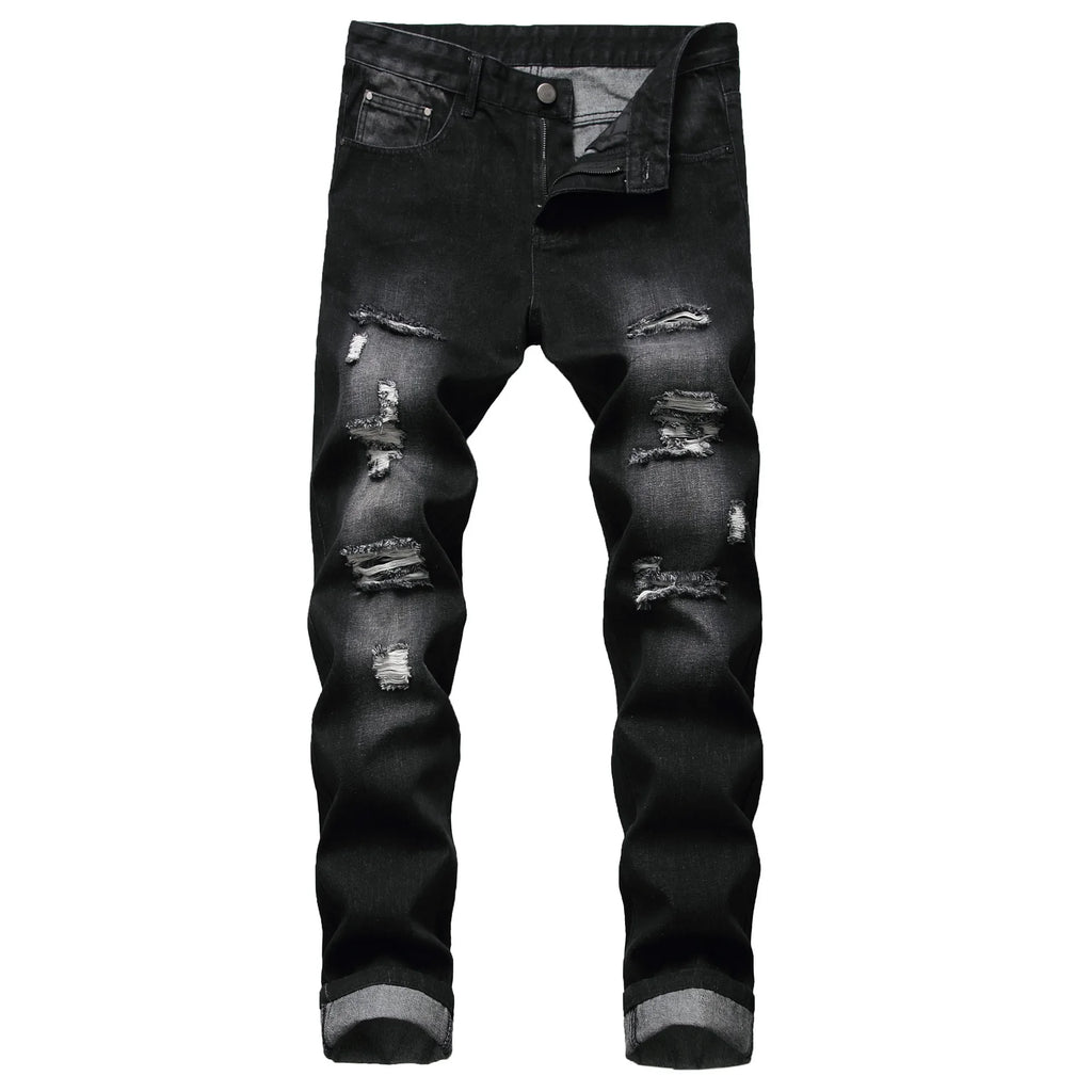 Cross-Border Men's Wear Ripped Straight-Leg Slim Fit Smooths Your Silhouette No Stretch Jeans Light-Colored Denim Trousers Amazo