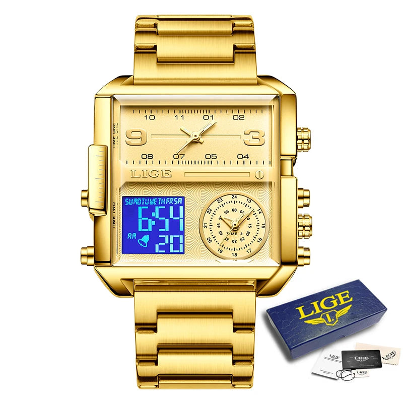 LIGE New Top Brand Luxury Fashion Men Watches Gold Steel Sports Square Digital Analog Big Quartz Watch for Man relogio masculino