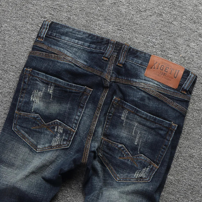 Newly Fashion Designer Men Jeans Retro Green Blue Slim Fit Ripped Jeans Men Trousers Vintage Casual Cotton Denim Pants Hombre