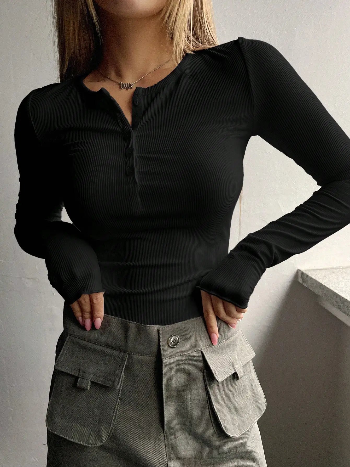 Women's Plain Half Button Front Ribbed Tee, Fashion Top, Casual Fit Long Sleeve Round Neck T shirt