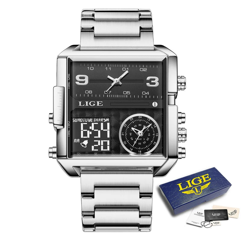 LIGE New Top Brand Luxury Fashion Men Watches Gold Steel Sports Square Digital Analog Big Quartz Watch for Man relogio masculino