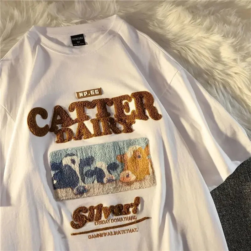 Cotton Oversize Flocking Tees American Ancient Calf Short Sleeve Shirt Men Women Summer Vintage Letter Streetwear Top
