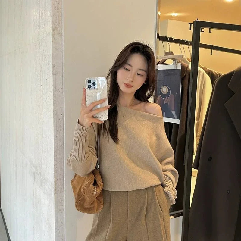 Knitted Sweater Women Pullovers New Long Sleeve Slash Neck Black Knit Sweater Pullover Women Tops Sweaters Women Clothing Q1476
