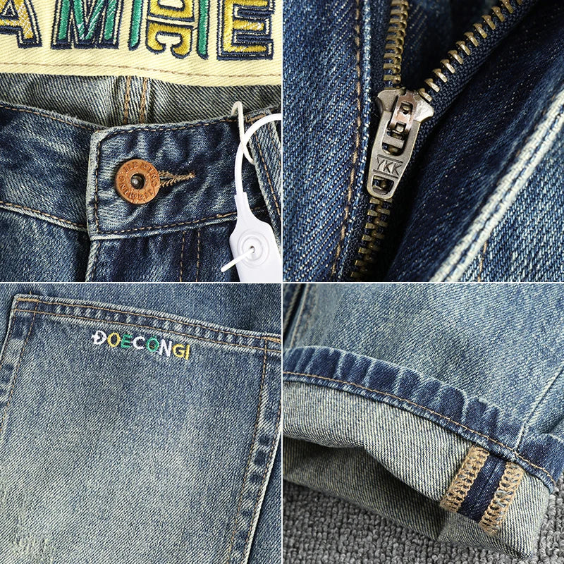 Size 40 14oz Embroidery High Street Washed Cat Whiskers Denim Jeans Men's Loose Fit Tapered Straight Versatile Pants Cityboys